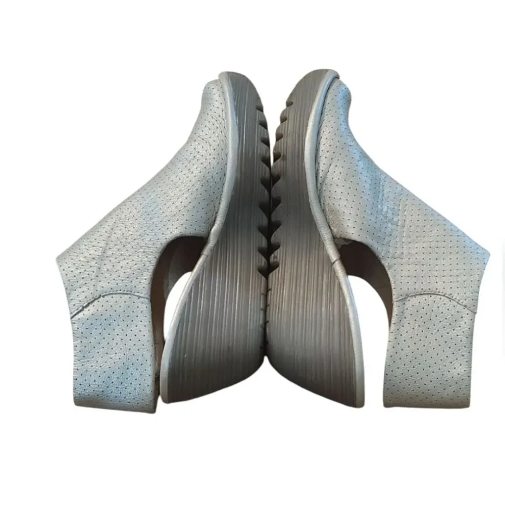 FLY London Yahl Wedge Open Toe Sandals Size 38 Silver 7 1/2 8